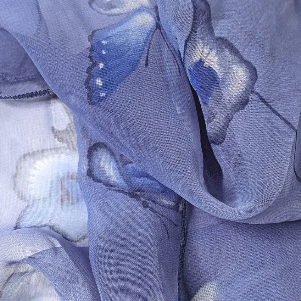 Blue Floral & Butterfly Design Sheer Oblong Scarf